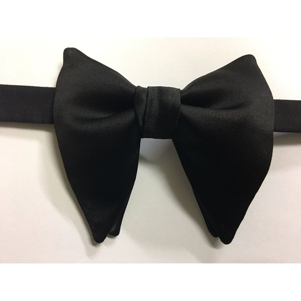 Handmade Black Satin Bow tie Vintage style 70s Bowtie Pretied